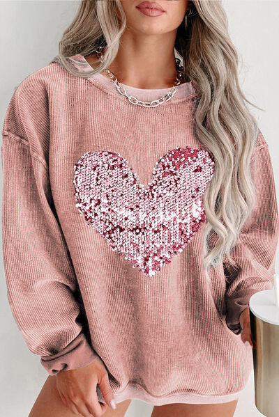 Plus Size Heart Sequin Round Neck Sweatshirt - Dusty Pink / 1XL - T-Shirts - Shirts & Tops - 7 - 2024