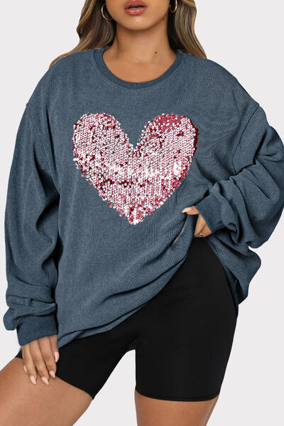 Plus Size Heart Sequin Round Neck Sweatshirt - T-Shirts - Shirts & Tops - 5 - 2024