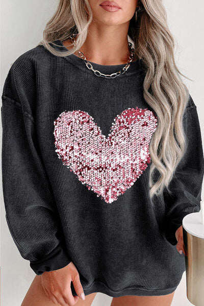 Plus Size Heart Sequin Round Neck Sweatshirt - Black / 1XL - T-Shirts - Shirts & Tops - 1 - 2024