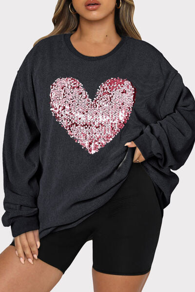 Plus Size Heart Sequin Round Neck Sweatshirt - T-Shirts - Shirts & Tops - 2 - 2024
