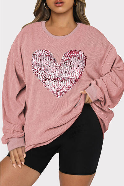 Plus Size Heart Sequin Round Neck Sweatshirt - T-Shirts - Shirts & Tops - 8 - 2024
