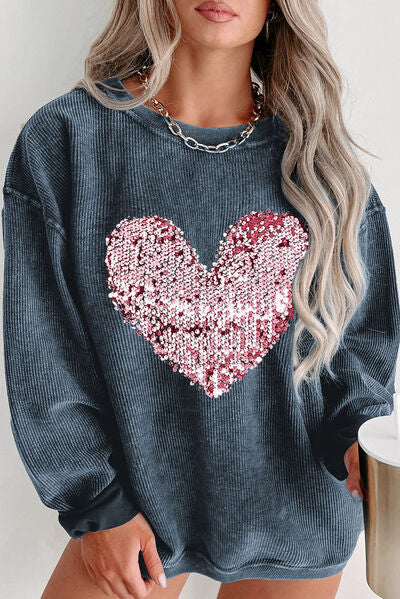 Plus Size Heart Sequin Round Neck Sweatshirt - French Blue / 1XL - T-Shirts - Shirts & Tops - 4 - 2024