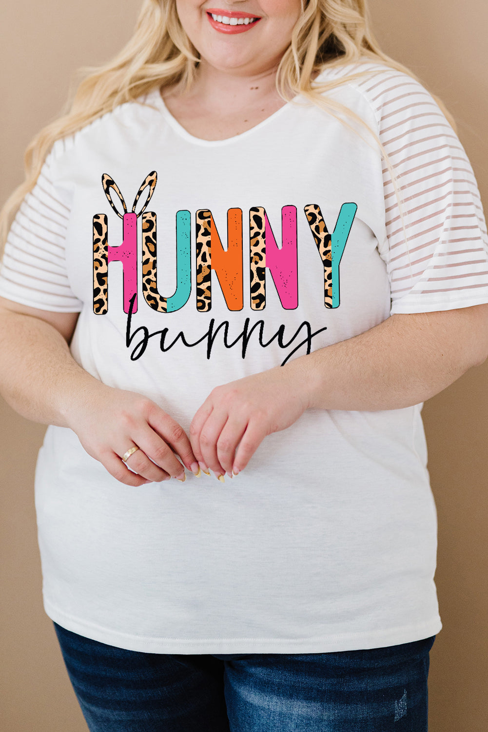 Plus Size HUNNY BUNNY Graphic Striped Tee - T-Shirts - Shirts & Tops - 4 - 2024