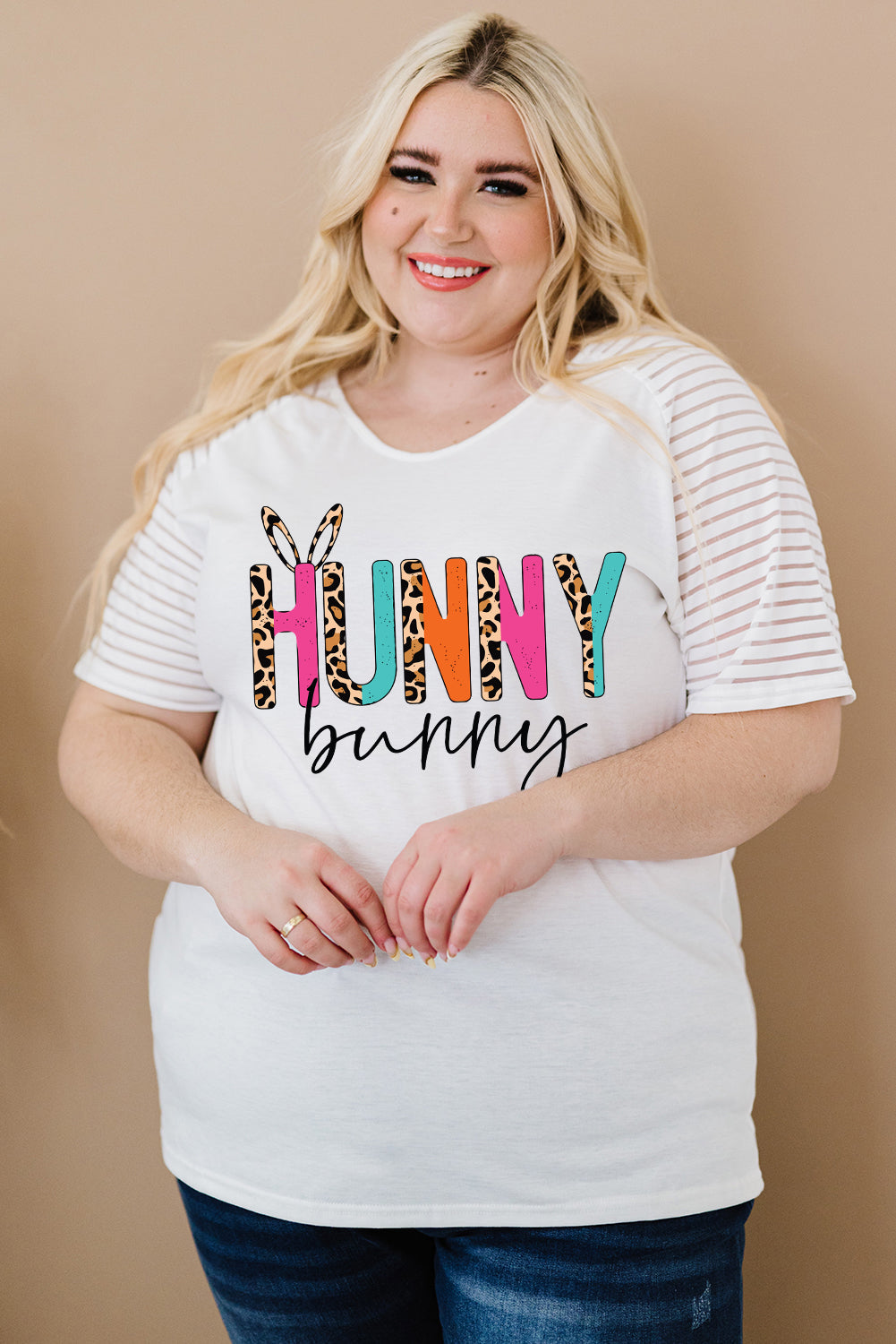 Plus Size HUNNY BUNNY Graphic Striped Tee - White / 1X - T-Shirts - Shirts & Tops - 1 - 2024