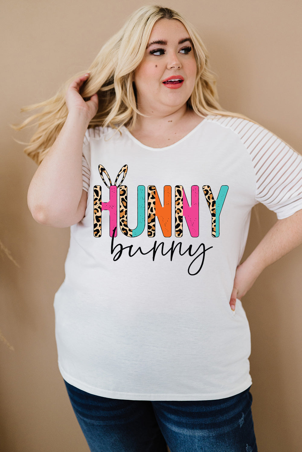 Plus Size HUNNY BUNNY Graphic Striped Tee - T-Shirts - Shirts & Tops - 3 - 2024