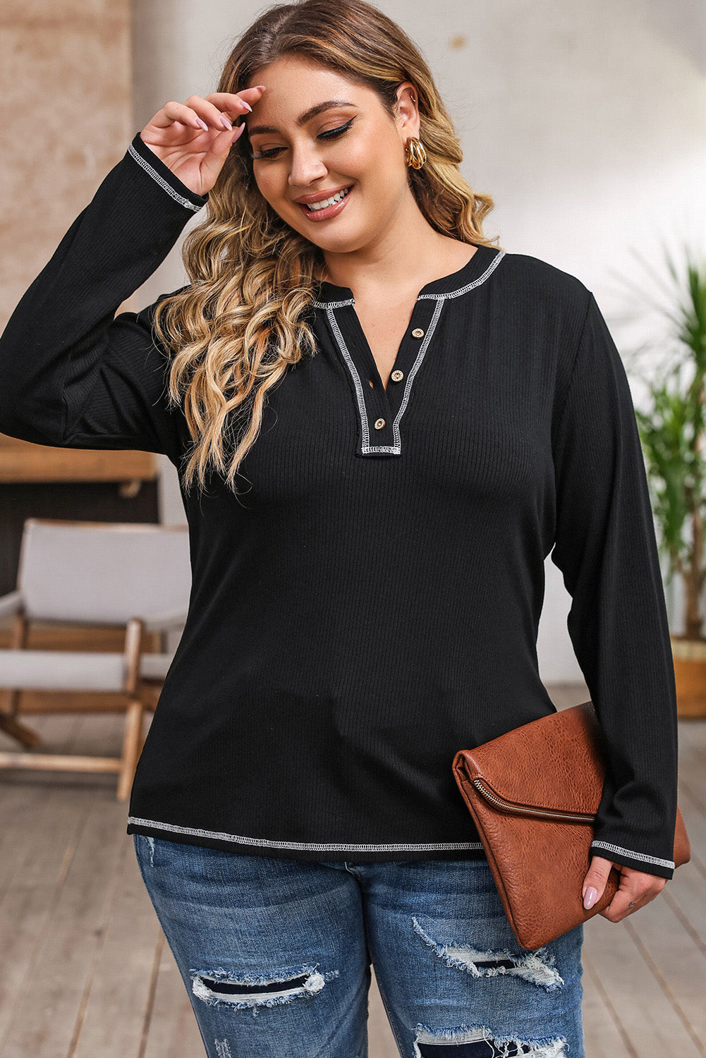 Plus Size Notched Neck Long Sleeve T-Shirt - T-Shirts - Shirts & Tops - 4 - 2024