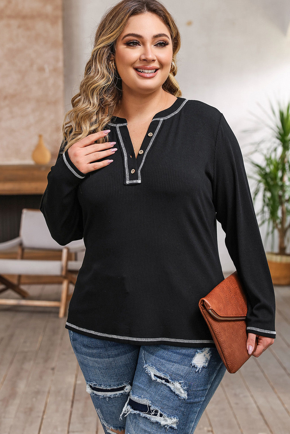 Plus Size Notched Neck Long Sleeve T-Shirt - T-Shirts - Shirts & Tops - 3 - 2024