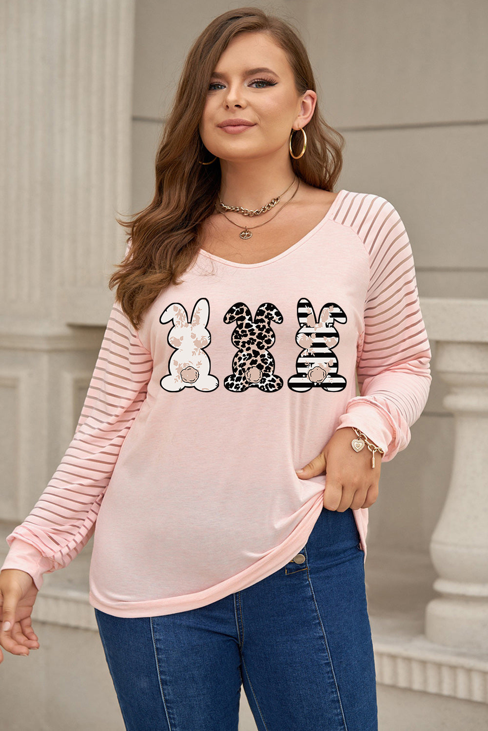 Plus Size Rabbit Graphic Long Raglan Sleeve Easter Tee - Pink / 1X - T-Shirts - Shirts & Tops - 7 - 2024