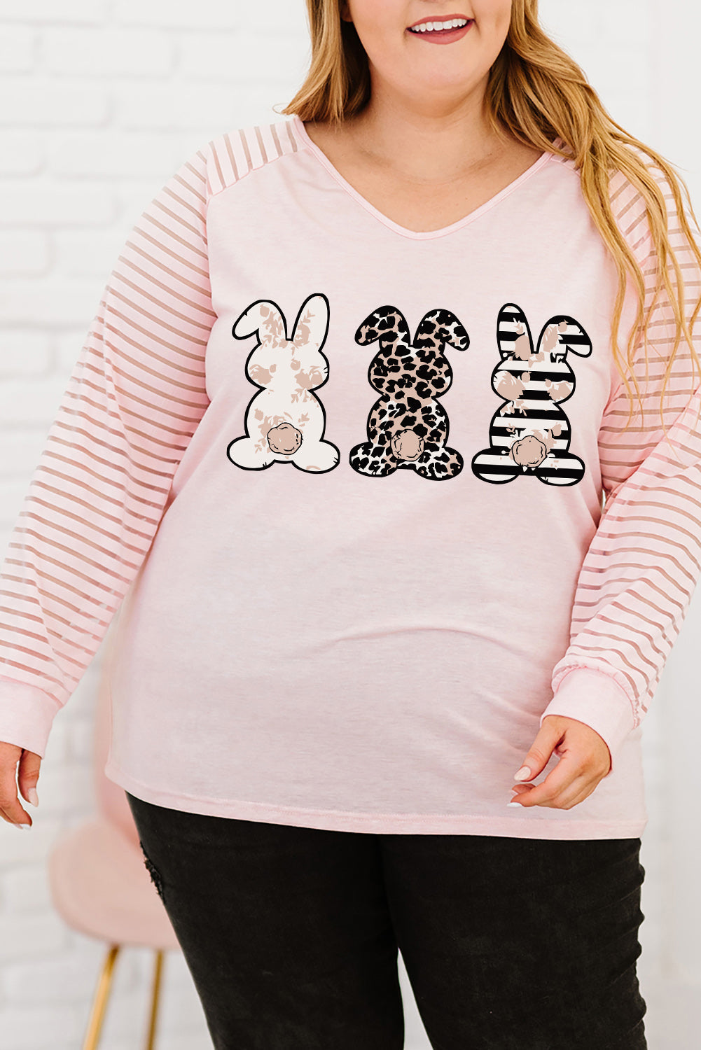 Plus Size Rabbit Graphic Long Raglan Sleeve Easter Tee - T-Shirts - Shirts & Tops - 6 - 2024