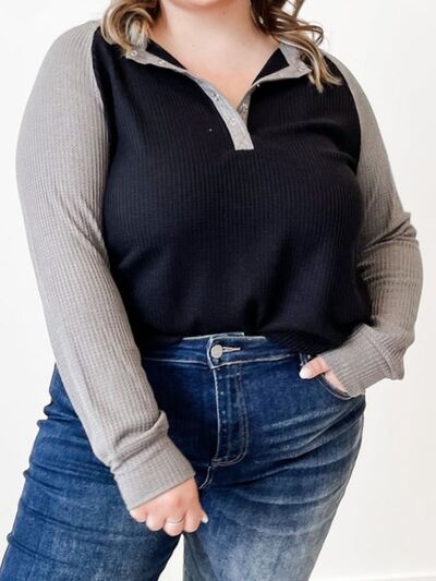 Plus Size Waffle-Knit Half Snap Long Sleeve Shirt - T-Shirts - Shirts & Tops - 2 - 2024