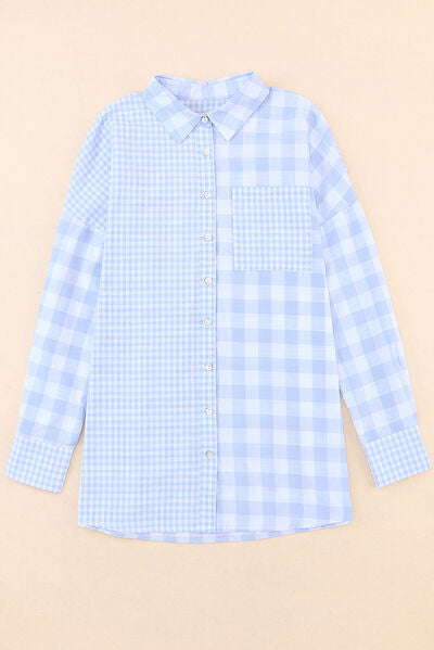 Pocketed Plaid Dropped Shoulder Shirt - Misty Blue / S - T-Shirts - Shirts & Tops - 6 - 2024