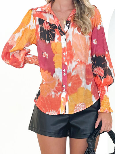 Printed Lantern Sleeve Button Up Shirt - T-Shirts - Shirts & Tops - 2 - 2024