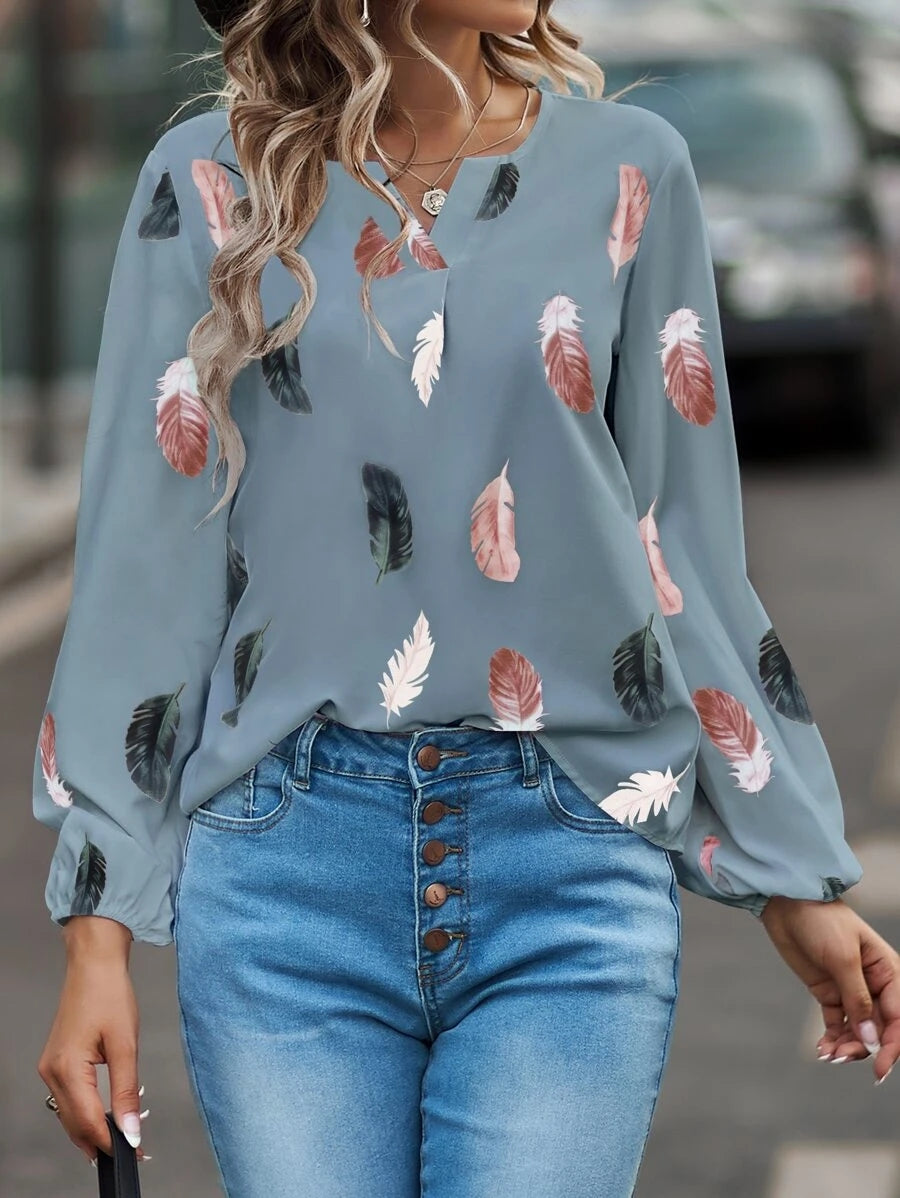 Printed Notched Neck Long Sleeve Blouse - Blue / S - T-Shirts - Shirts & Tops - 31 - 2024
