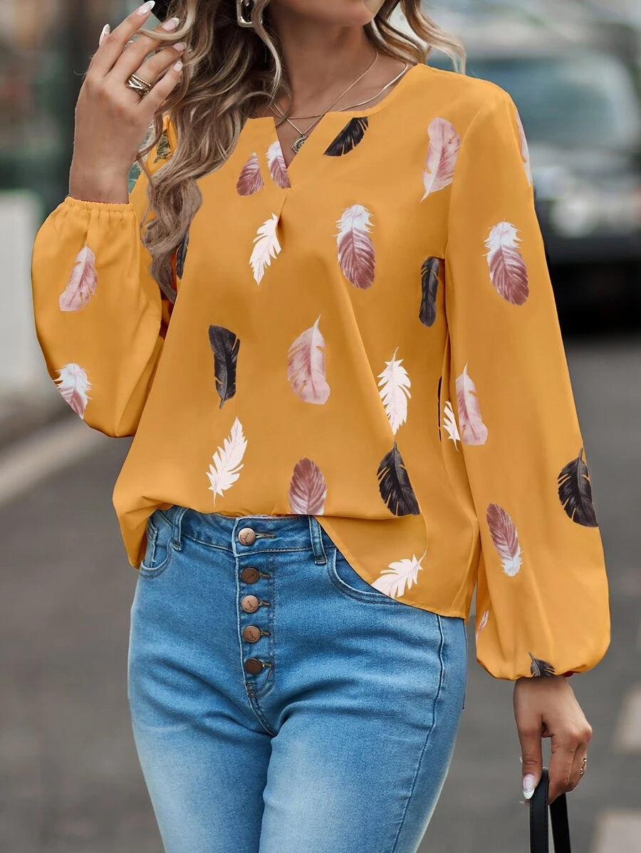 Printed Notched Neck Long Sleeve Blouse - Yellow / S - T-Shirts - Shirts & Tops - 26 - 2024