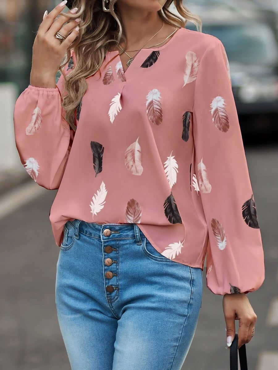 Printed Notched Neck Long Sleeve Blouse - Pink / S - T-Shirts - Shirts & Tops - 29 - 2024
