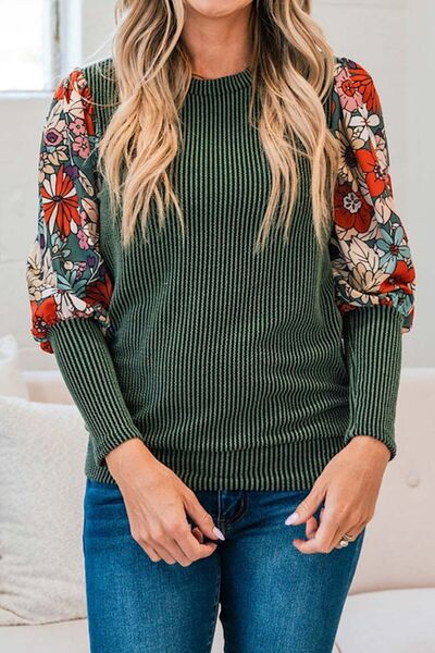 Printed Round Neck Lantern Sleeve T-Shirt - Green / S - T-Shirts - Shirts & Tops - 1 - 2024