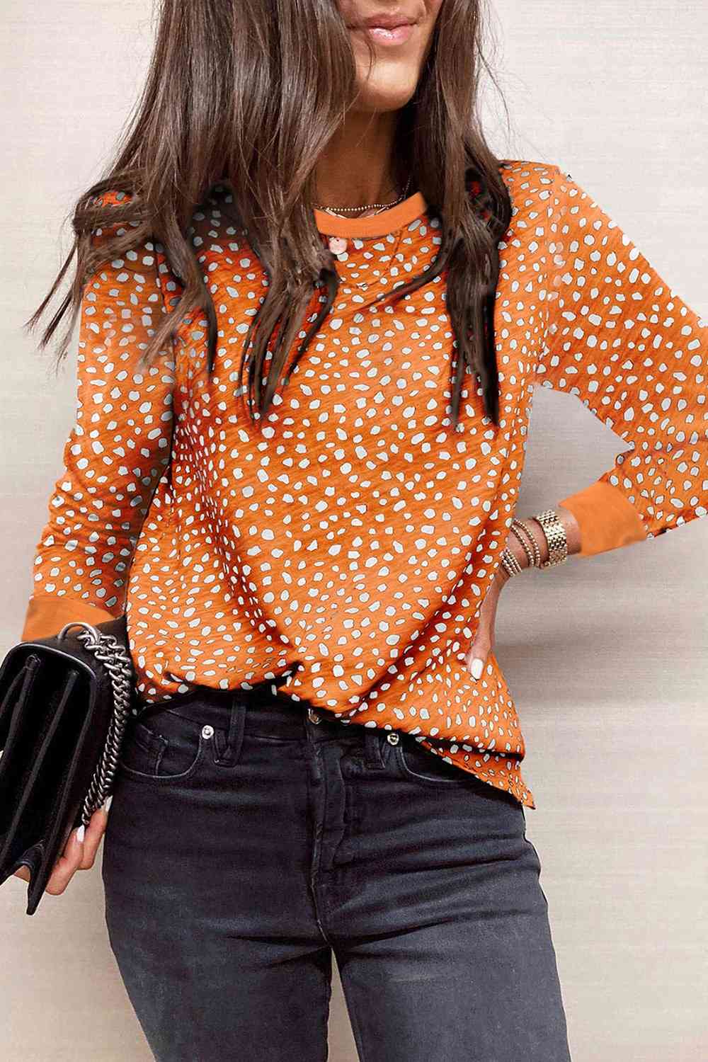 Printed Round Neck Long Sleeve T-Shirt - Pumpkin / S - T-Shirts - Shirts & Tops - 16 - 2024