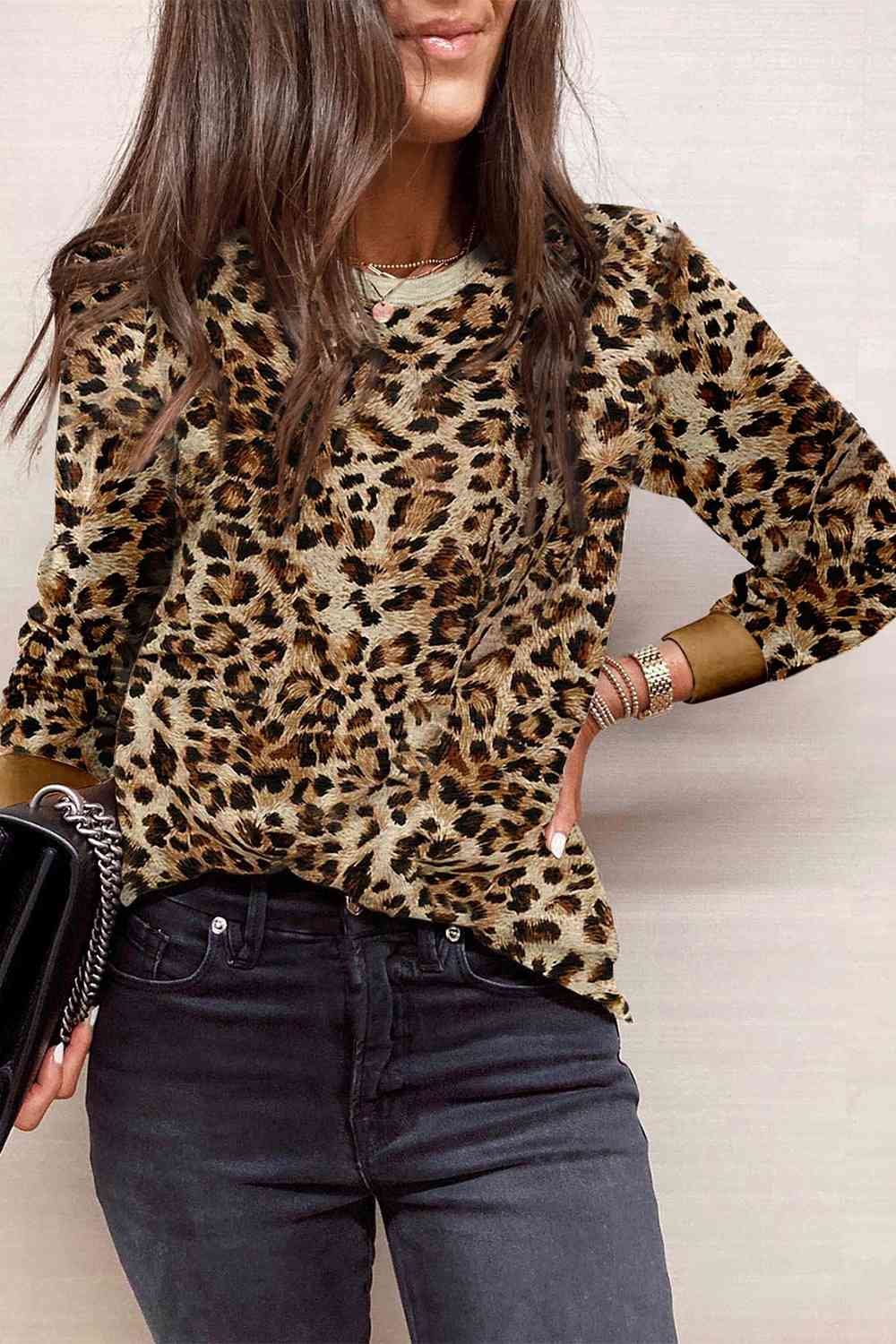 Printed Round Neck Long Sleeve T-Shirt - Leopard / S - T-Shirts - Shirts & Tops - 22 - 2024
