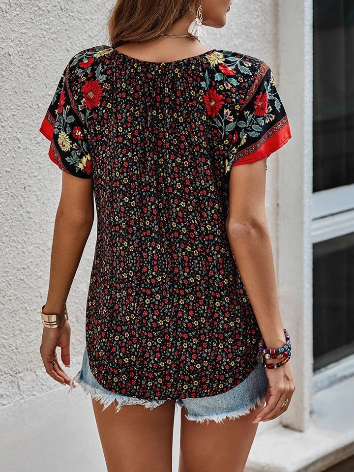 Printed Short Sleeve Tie Neck Blouse - T-Shirts - Dresses - 7 - 2024