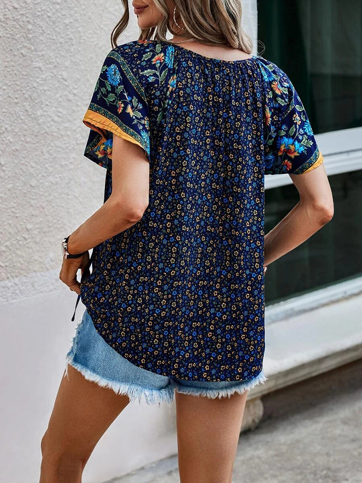 Printed Short Sleeve Tie Neck Blouse - T-Shirts - Dresses - 13 - 2024