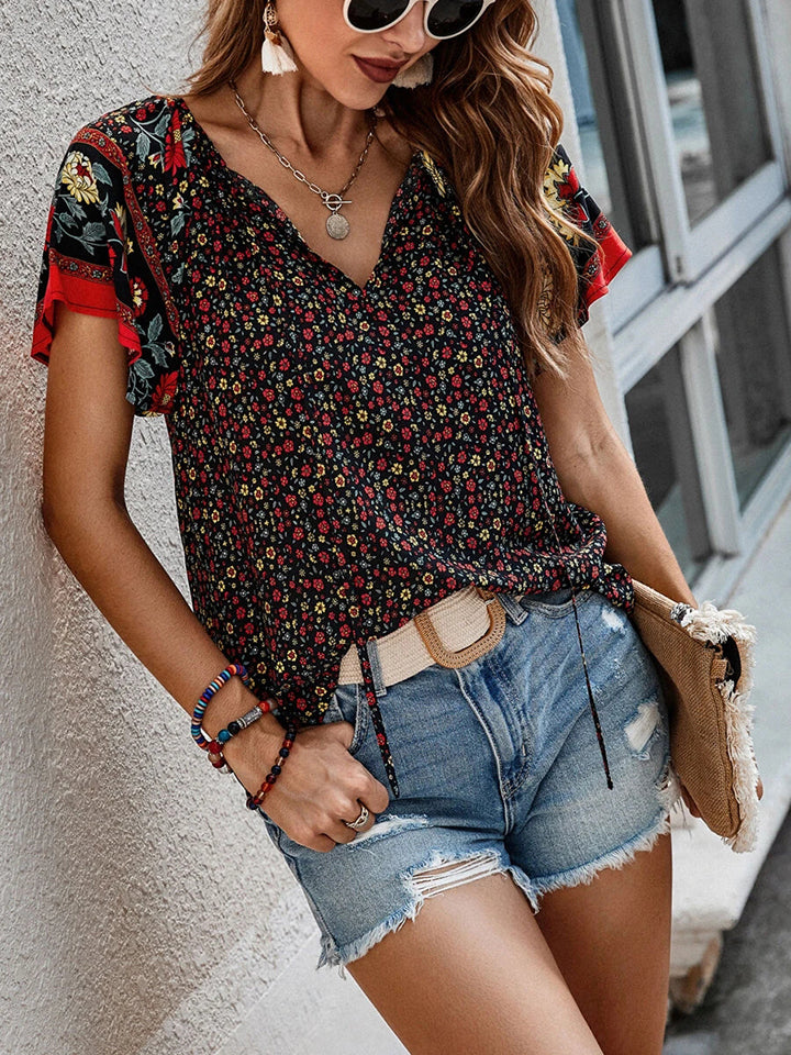 Printed Short Sleeve Tie Neck Blouse - T-Shirts - Dresses - 6 - 2024