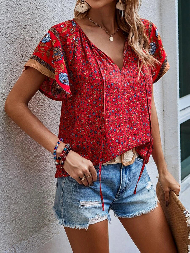 Printed Short Sleeve Tie Neck Blouse - T-Shirts - Dresses - 3 - 2024