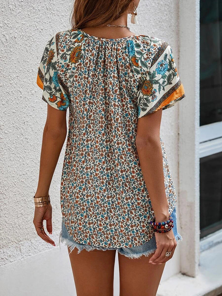Printed Short Sleeve Tie Neck Blouse - T-Shirts - Dresses - 10 - 2024