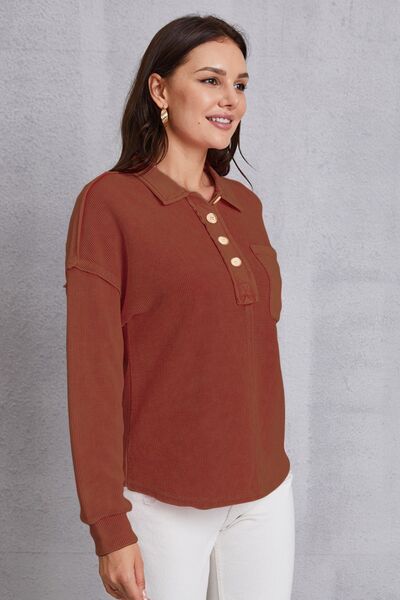 Quarter Button Dropped Shoulder Sweatshirt - T-Shirts - Shirts & Tops - 12 - 2024