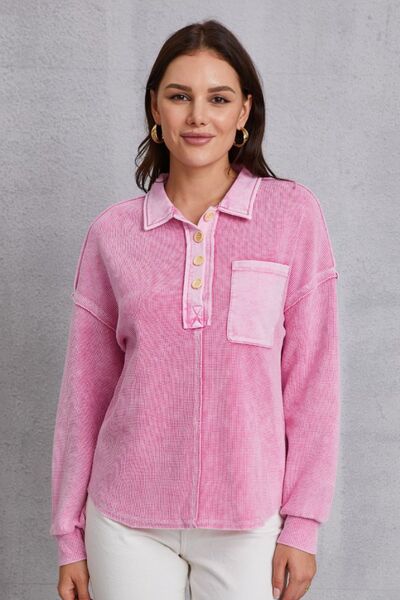 Quarter Button Dropped Shoulder Sweatshirt - Blush Pink / S - T-Shirts - Shirts & Tops - 1 - 2024