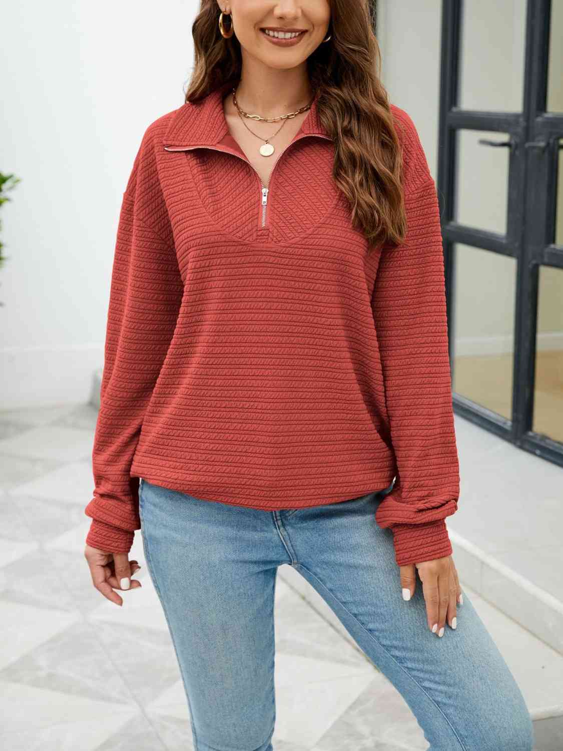 Quarter-Zip Collared Drop Shoulder Sweatshirt - T-Shirts - Shirts & Tops - 27 - 2024