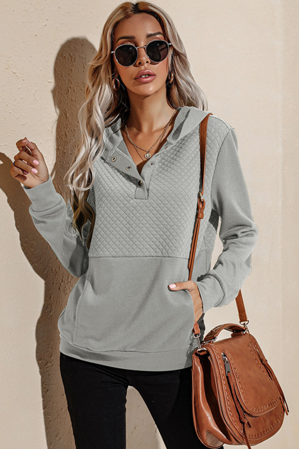 Quilted Patchwork Button Sweatshirt Hoodie - Gray / S - T-Shirts - Shirts & Tops - 1 - 2024