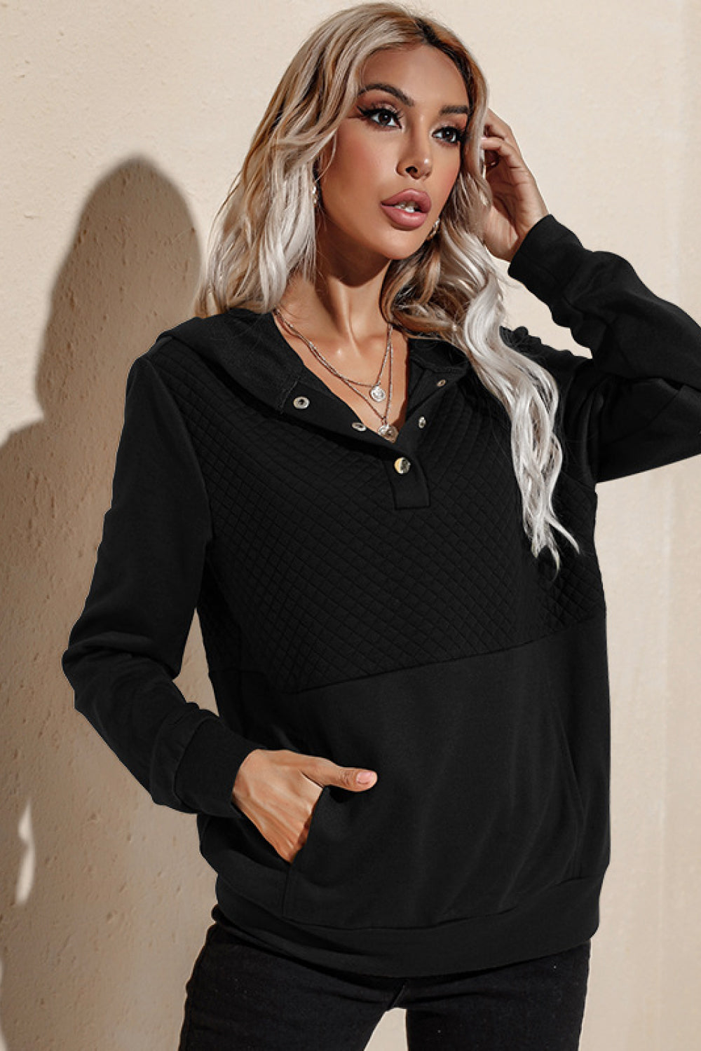 Quilted Patchwork Button Sweatshirt Hoodie - Black / S - T-Shirts - Shirts & Tops - 4 - 2024