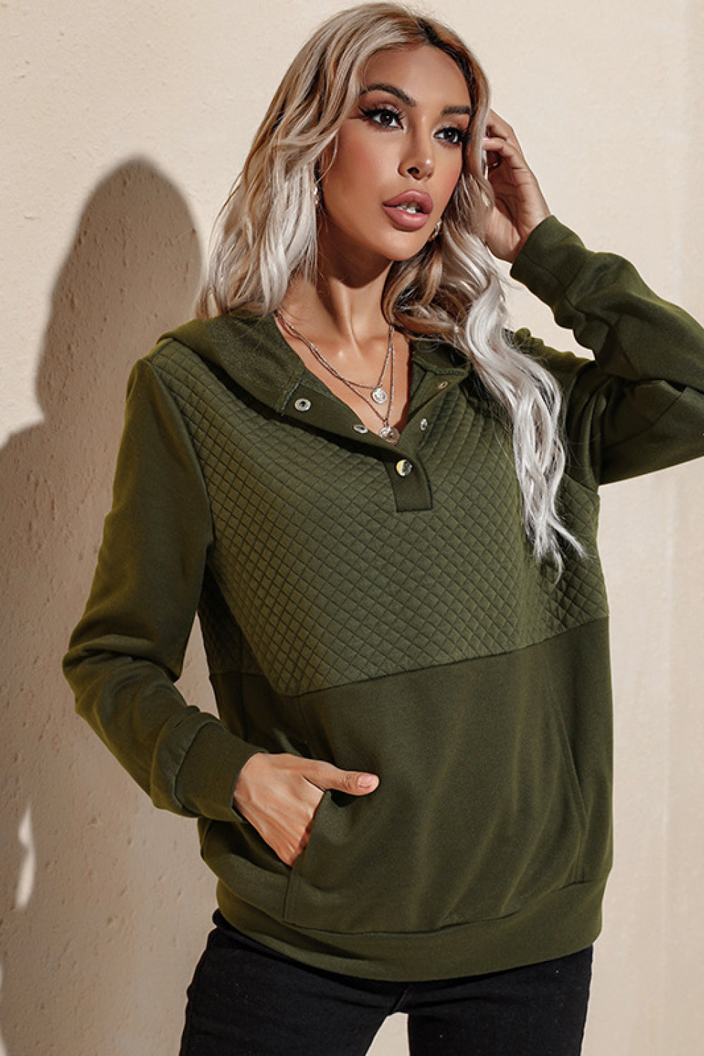 Quilted Patchwork Button Sweatshirt Hoodie - Green / S - T-Shirts - Shirts & Tops - 7 - 2024