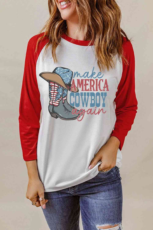 Raglan Sleeve MAKE AMERICA COWBOY AGAIN Graphic Tee - Red / S - T-Shirts - Shirts & Tops - 1 - 2024