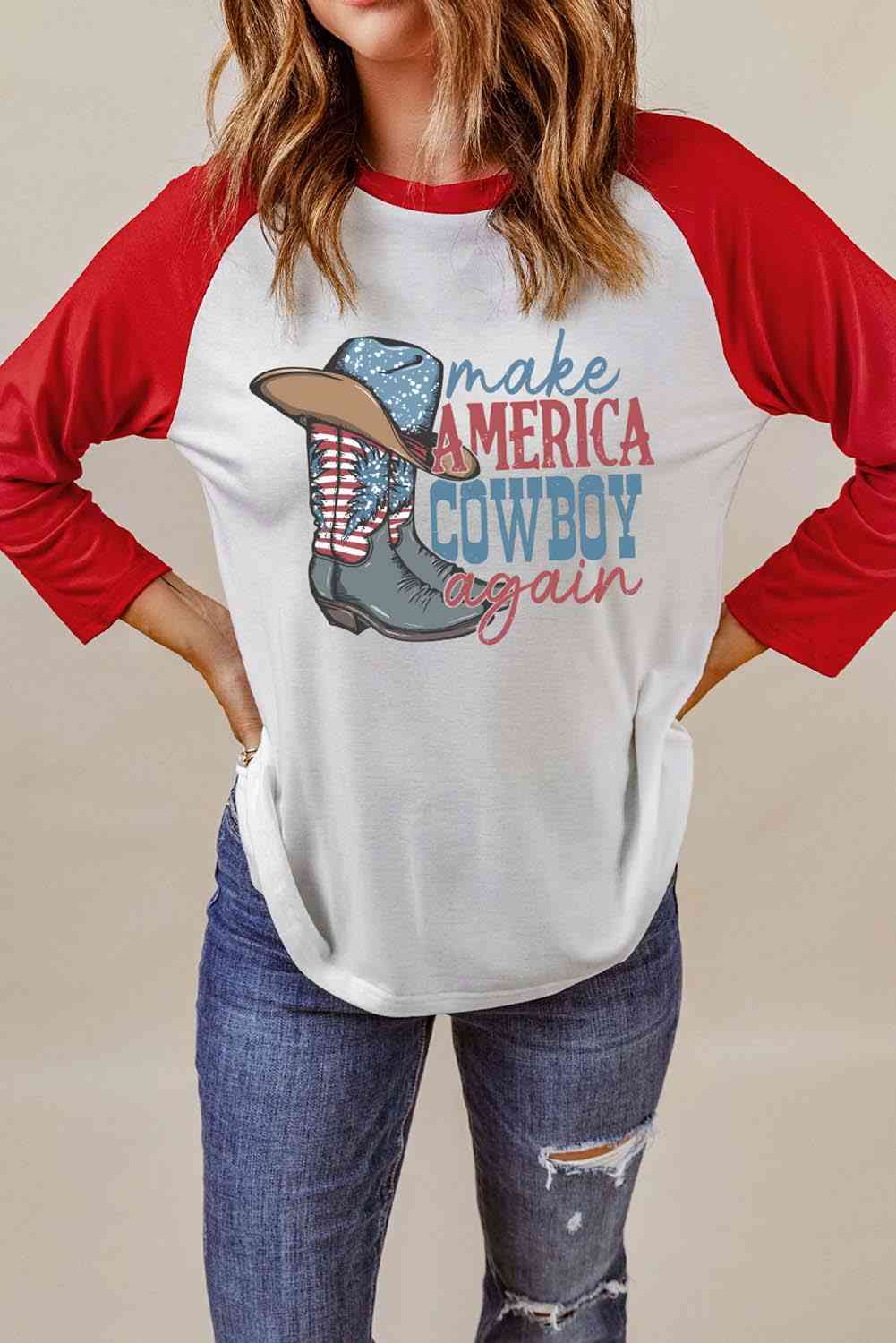 Raglan Sleeve MAKE AMERICA COWBOY AGAIN Graphic Tee - T-Shirts - Shirts & Tops - 3 - 2024