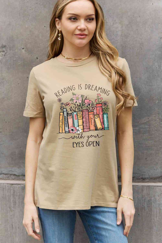 READING IS DREAMING WITH YOUR EYES OPEN Graphic Cotton Tee - Taupe / S - T-Shirts - Shirts & Tops - 1 - 2024