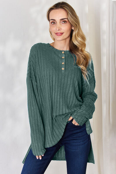 Ribbed Half Button Long Sleeve High-Low T-Shirt - Gum Leaf / S - T-Shirts - Shirts & Tops - 5 - 2024
