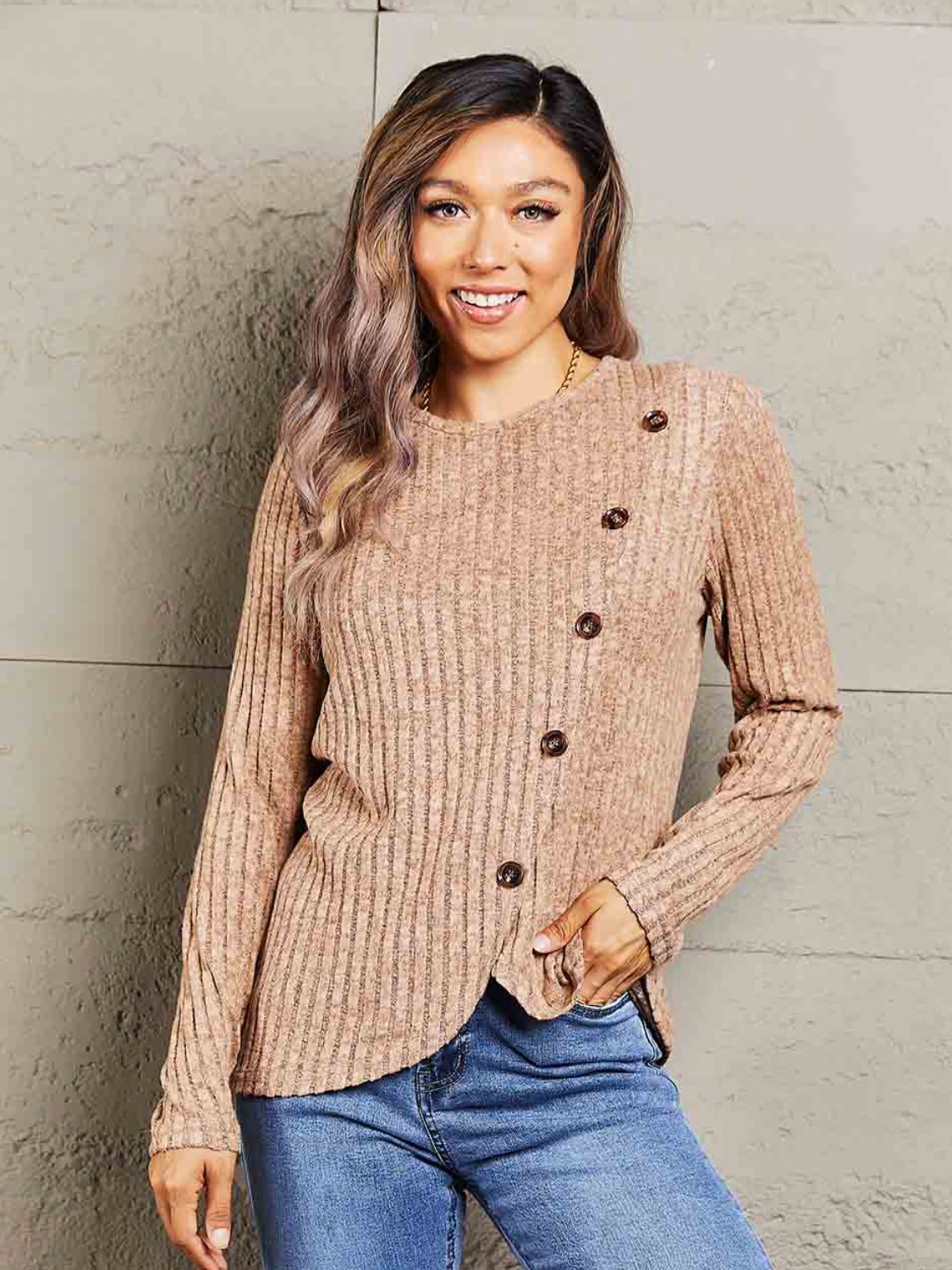 Ribbed Round Neck Buttoned Long Sleeve Tee - Light Brown / S - T-Shirts - Shirts & Tops - 1 - 2024