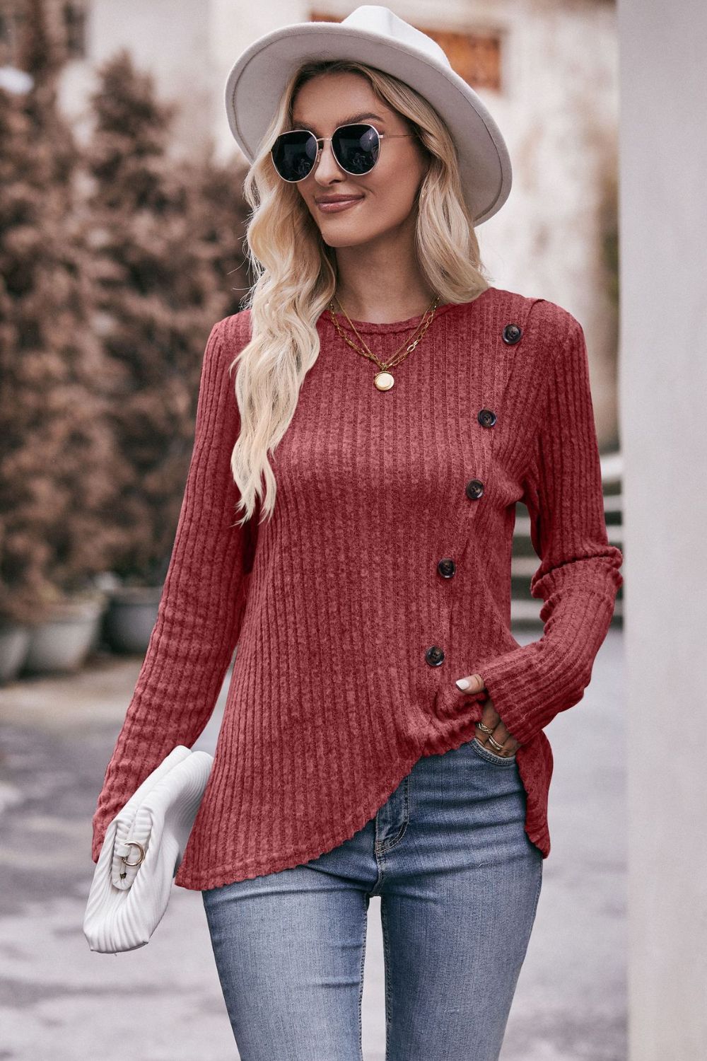 Ribbed Round Neck Buttoned Long Sleeve Tee - Red / S - T-Shirts - Shirts & Tops - 5 - 2024