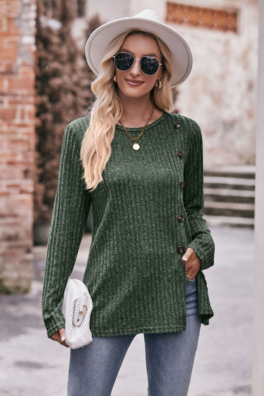 Ribbed Round Neck Buttoned Tee - Green / S - T-Shirts - Shirts & Tops - 17 - 2024