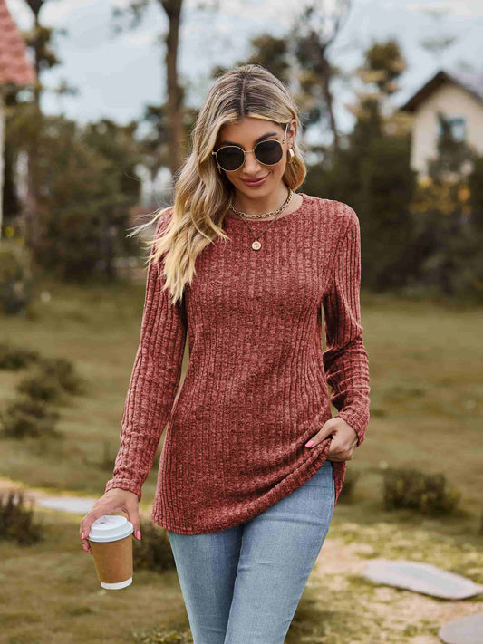 Ribbed Round Neck Long Sleeve Tee - Red / S - T-Shirts - Shirts & Tops - 1 - 2024