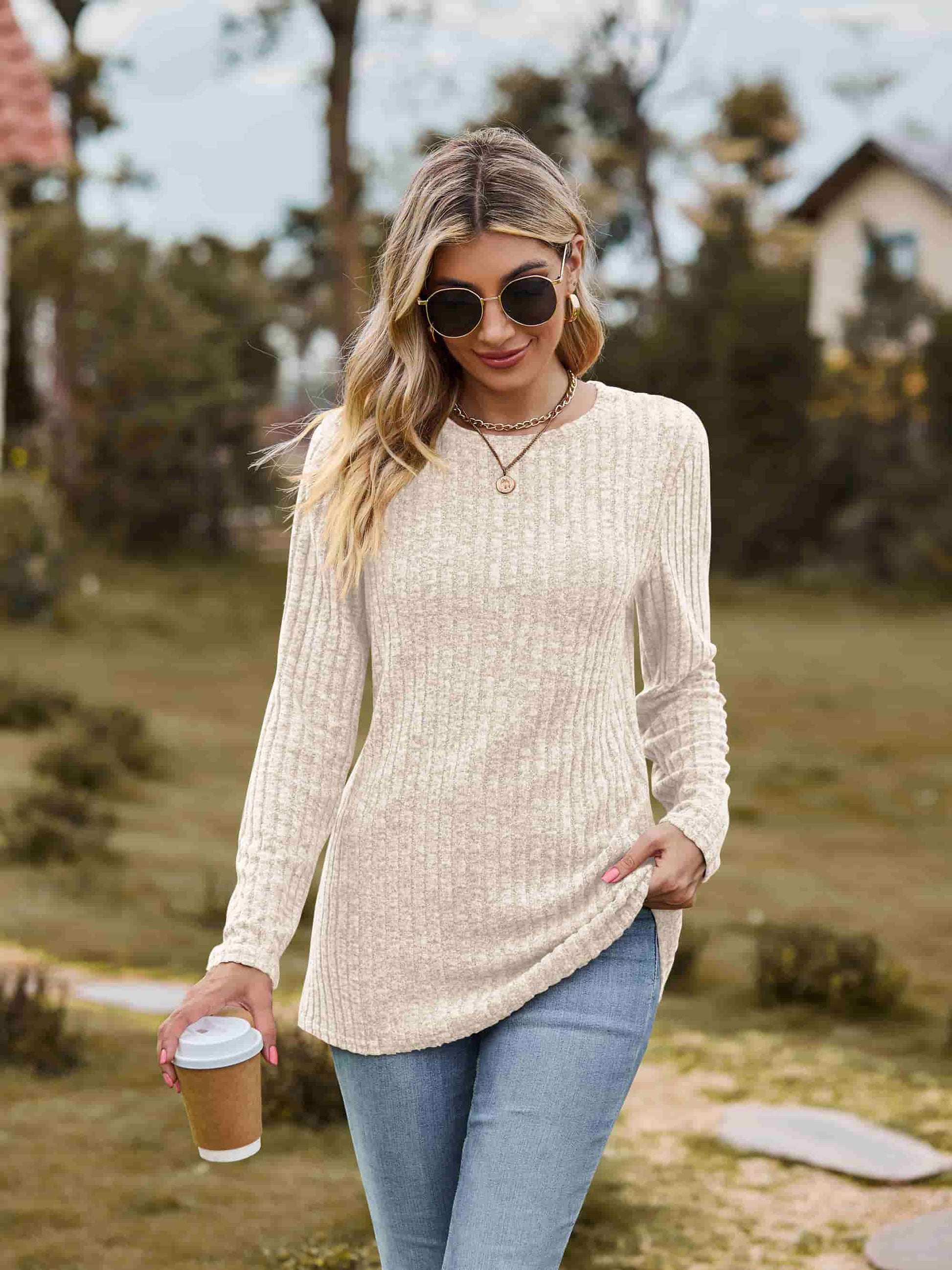 Ribbed Round Neck Long Sleeve Tee - Beige / S - T-Shirts - Shirts & Tops - 13 - 2024