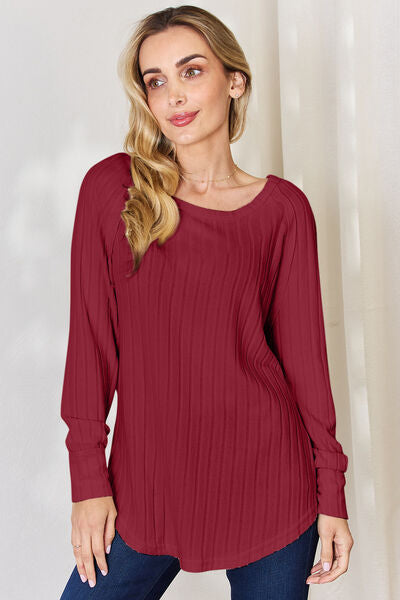 Ribbed Round Neck Slit T-Shirt - Deep Red / S - T-Shirts - Shirts & Tops - 15 - 2024