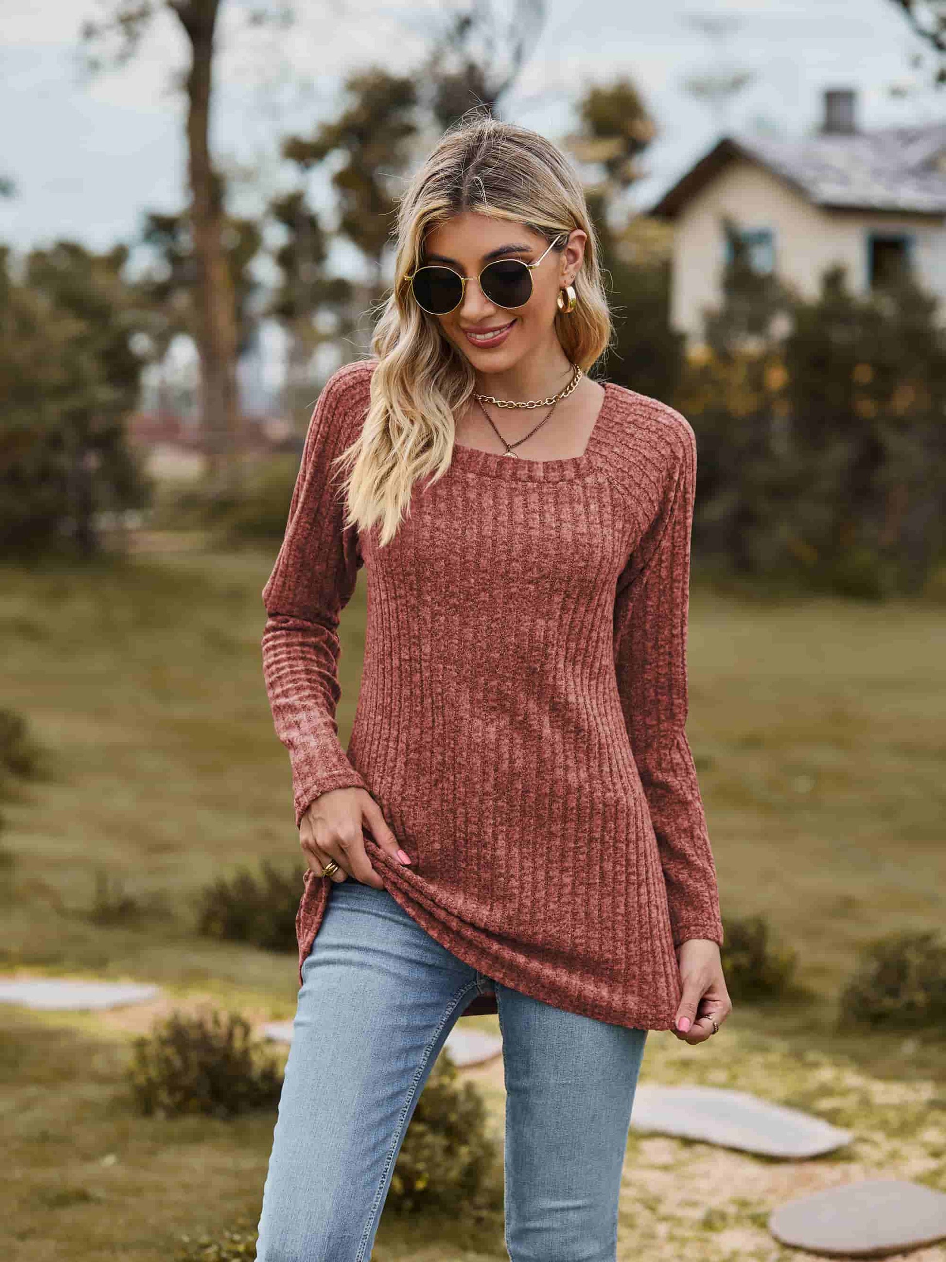 Ribbed Square Neck Long Sleeve Tee - Red / S - T-Shirts - Shirts & Tops - 13 - 2024