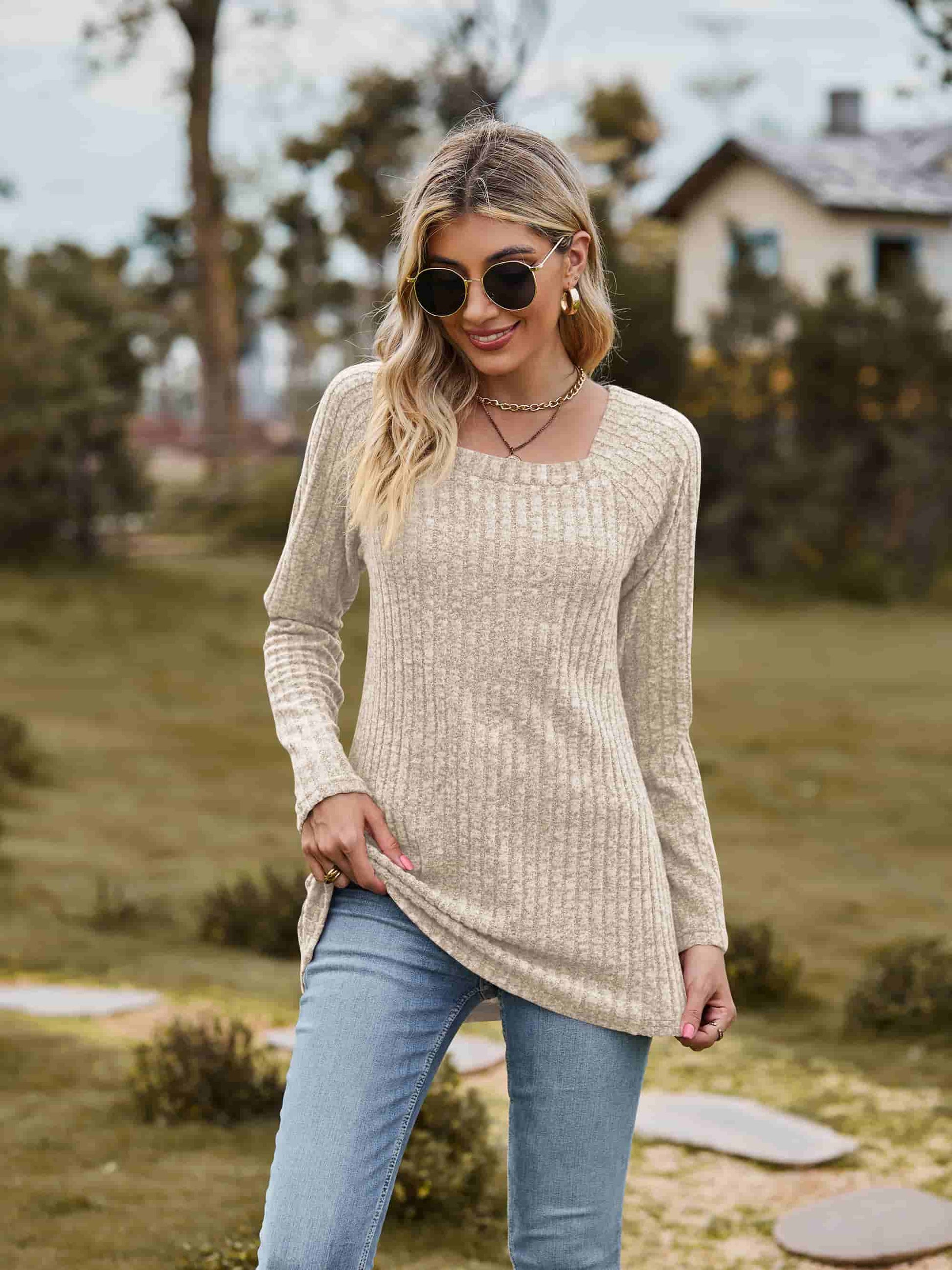 Ribbed Square Neck Long Sleeve Tee - Beige / S - T-Shirts - Shirts & Tops - 9 - 2024