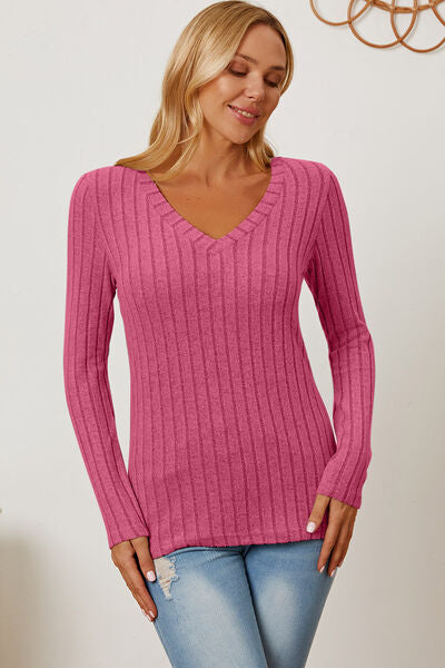 Ribbed V-Neck Long Sleeve T-Shirt - Hot Pink / S - T-Shirts - Shirts & Tops - 30 - 2024