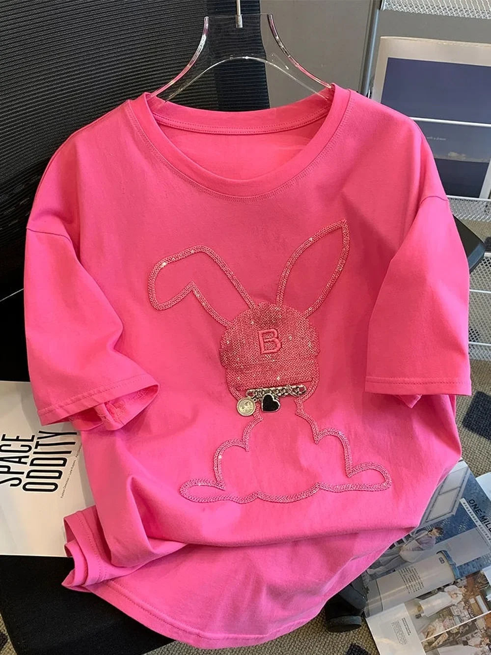Rose Pink Sequined Bunny T-Shirt - Summer Cotton Y2k Kawaii Top for Women - T-Shirts - Shirts & Tops - 5 - 2024