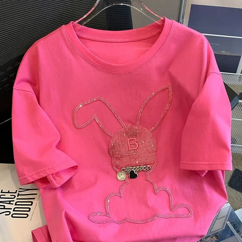 Rose Pink Sequined Bunny T-Shirt - Summer Cotton Y2k Kawaii Top for Women - T-Shirts - Shirts & Tops - 4 - 2024
