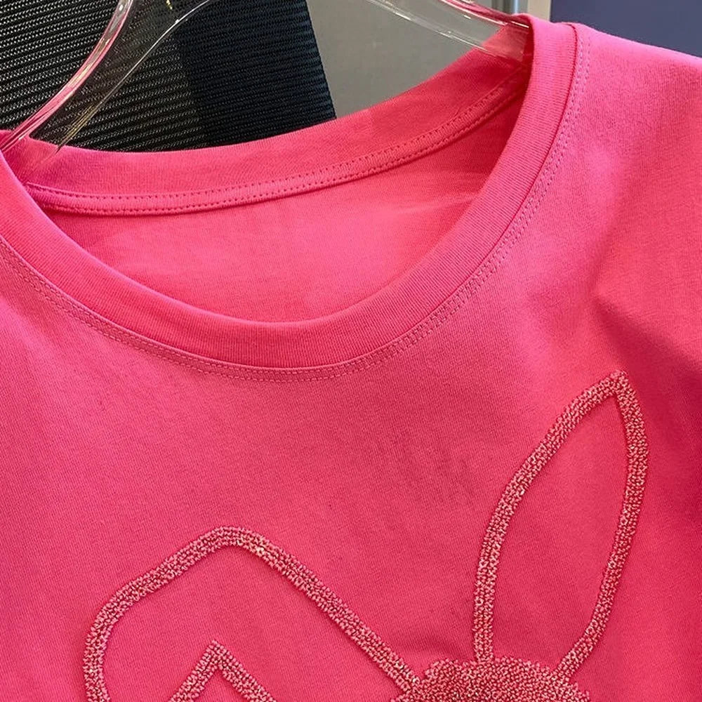 Rose Pink Sequined Bunny T-Shirt - Summer Cotton Y2k Kawaii Top for Women - T-Shirts - Shirts & Tops - 2 - 2024