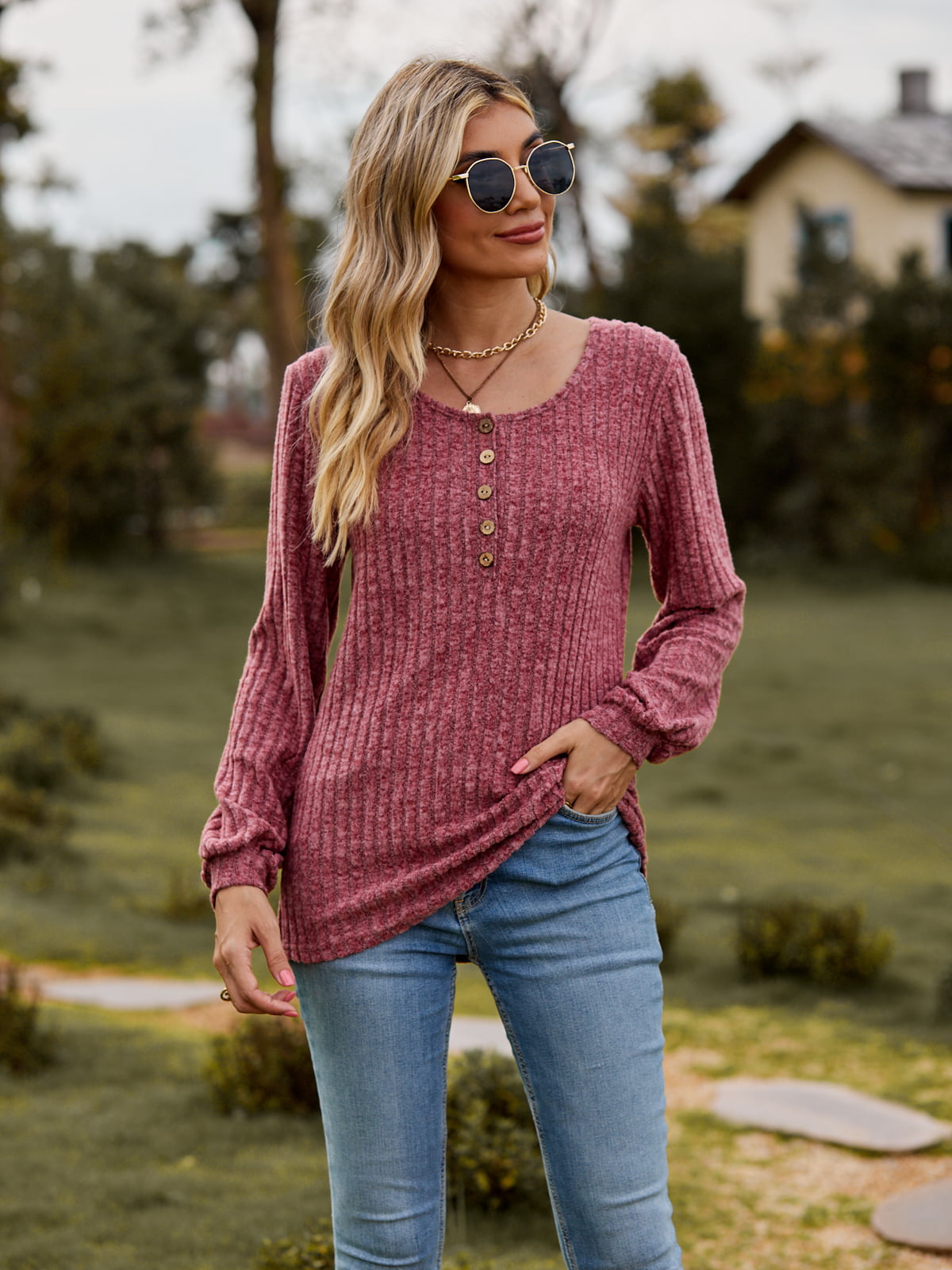 Round Neck Button-Down Long Sleeve Tee - T-Shirts - Shirts & Tops - 15 - 2024